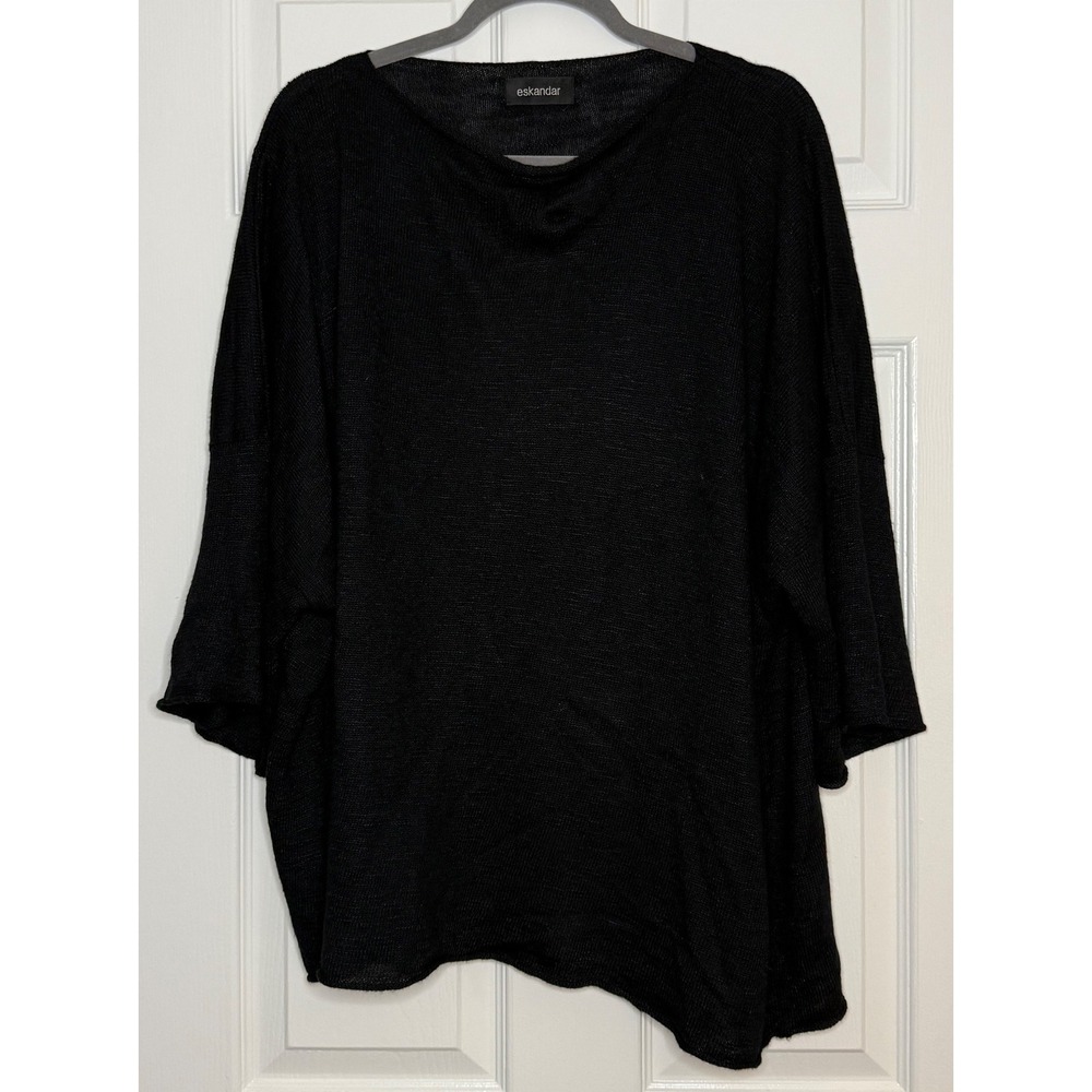 Eskandar Black Linen Blend Sheer Lightweight Knit Batwing‎ Sweater Top, OS